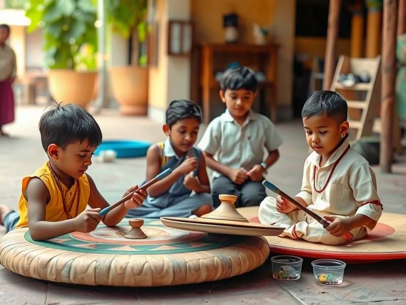 Ancient Indian children playing with spinning tops