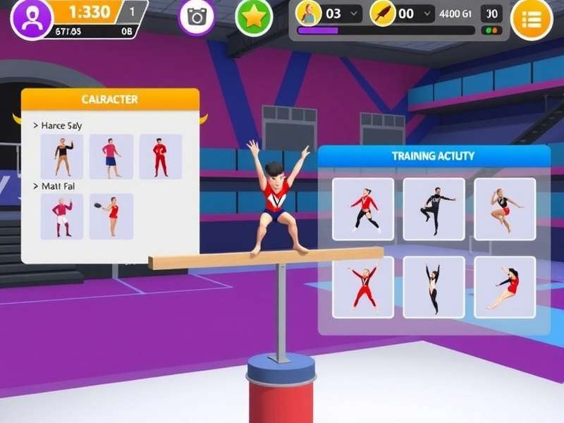 Gymnastics Grandeur Blast gameplay screenshot showing character performing balance beam routine