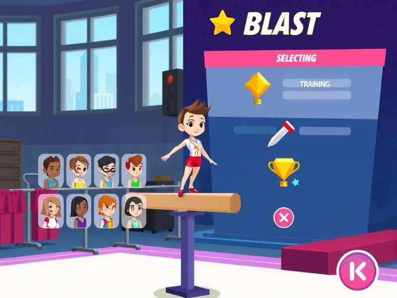 Gymnastics Grandeur Blast character selection screen showing diverse athlete options