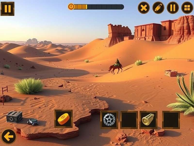 Desert Treasure Hunt gameplay screenshot showing desert landscape with hidden treasures