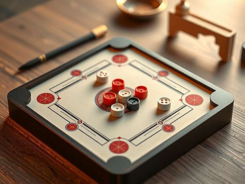 Carrom Board with Pieces in Official Tournament Setup