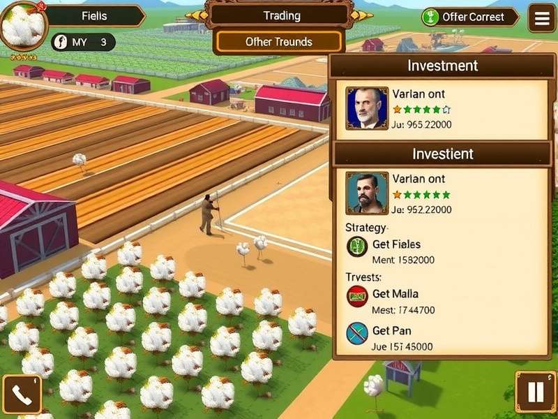 Majestic Cotton Baron gameplay screenshot showing cotton fields and trading interface