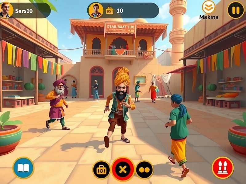 Turban Trot Adventure gameplay screenshot showing character running through colorful Indian market